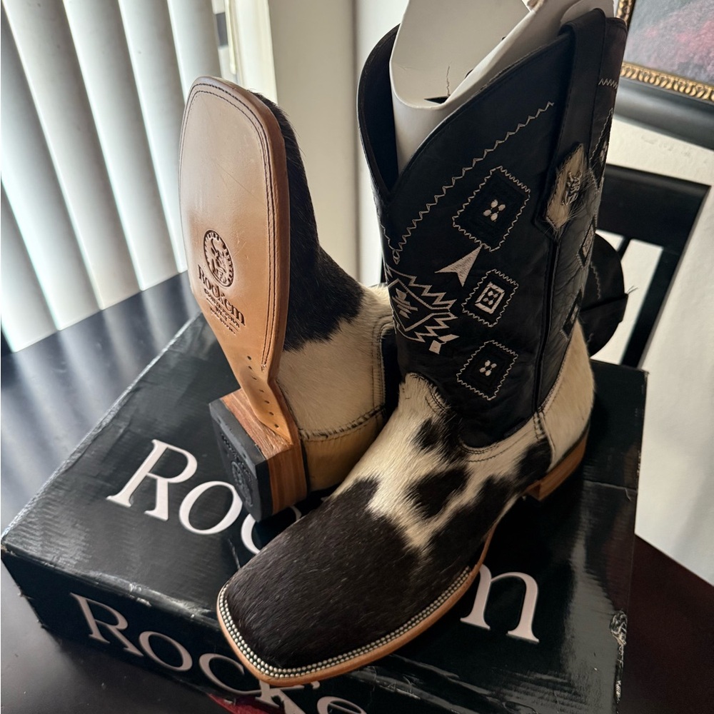 Western Cowboy Boots - Black and White REAL COW FUR HAIR